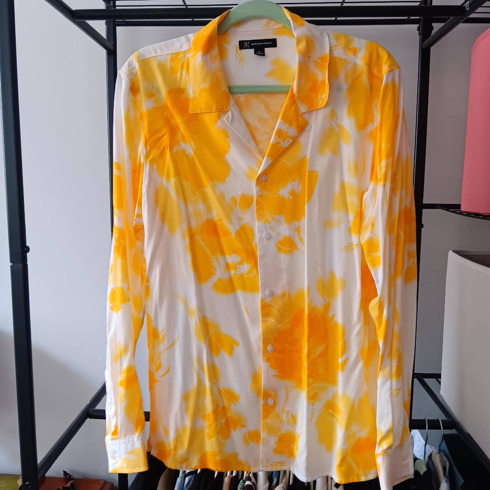 INC International Concepts Yellow and White Casual Button Down Shirt